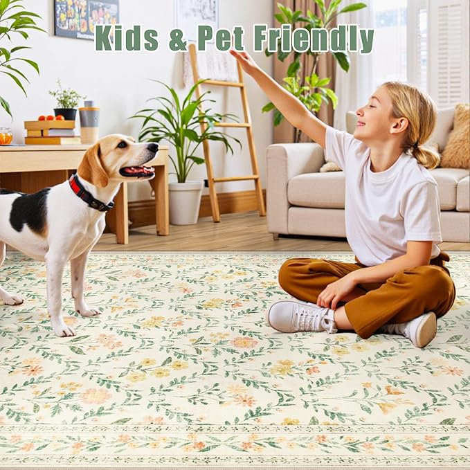 Area Rugs 9x12 Living Room: Floral Washable Rug Vintage Large Soft Boho - Image 7