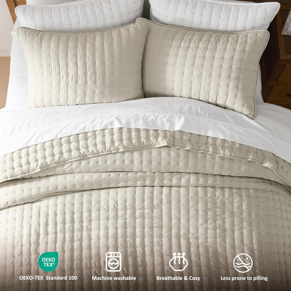 WDCOZY Cloud Soft Quilt Set, Queen Size, Light Beige, 3 Pieces 90x90 inches
