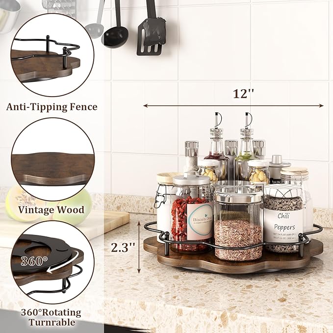 12" Lazy Susan Turntable Organizer, Round Wooden Lazy Susan Organization and - Image 3