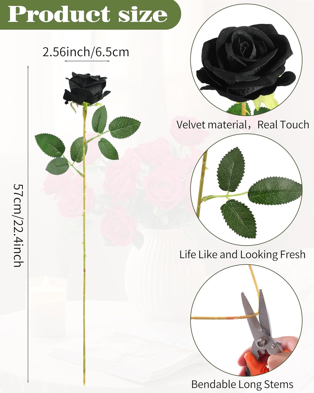 DuHouse 50Pcs Black Roses Velvet Silk Artificial Flowers Bulk
