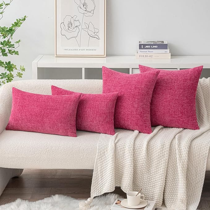 MIULEE Pack of 2 Couch Throw Pillow Covers 18x18 Inch Soft Hot Pink Chenille - Image 4