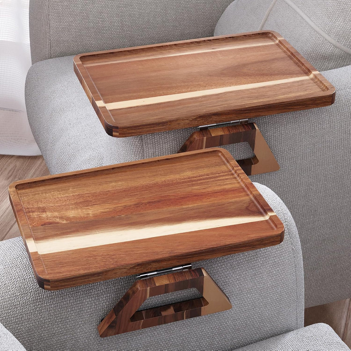 2 Pack Acacia Wood Couch Arm Tray,Couch Tray,Folding Sofa Armrest Trays,Couch Arm Table Clip-On Couch Desk for Drinks,Snacks,Phone,Remote Control