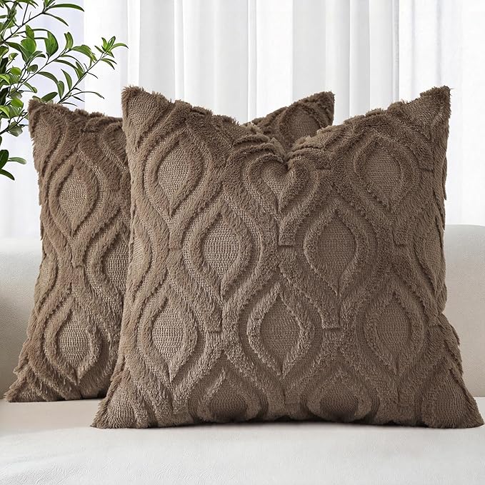 decorUhome Throw Pillow Covers 22x22 Inch Set of 2, Soft Plush Faux Wool Brown by decorUhome