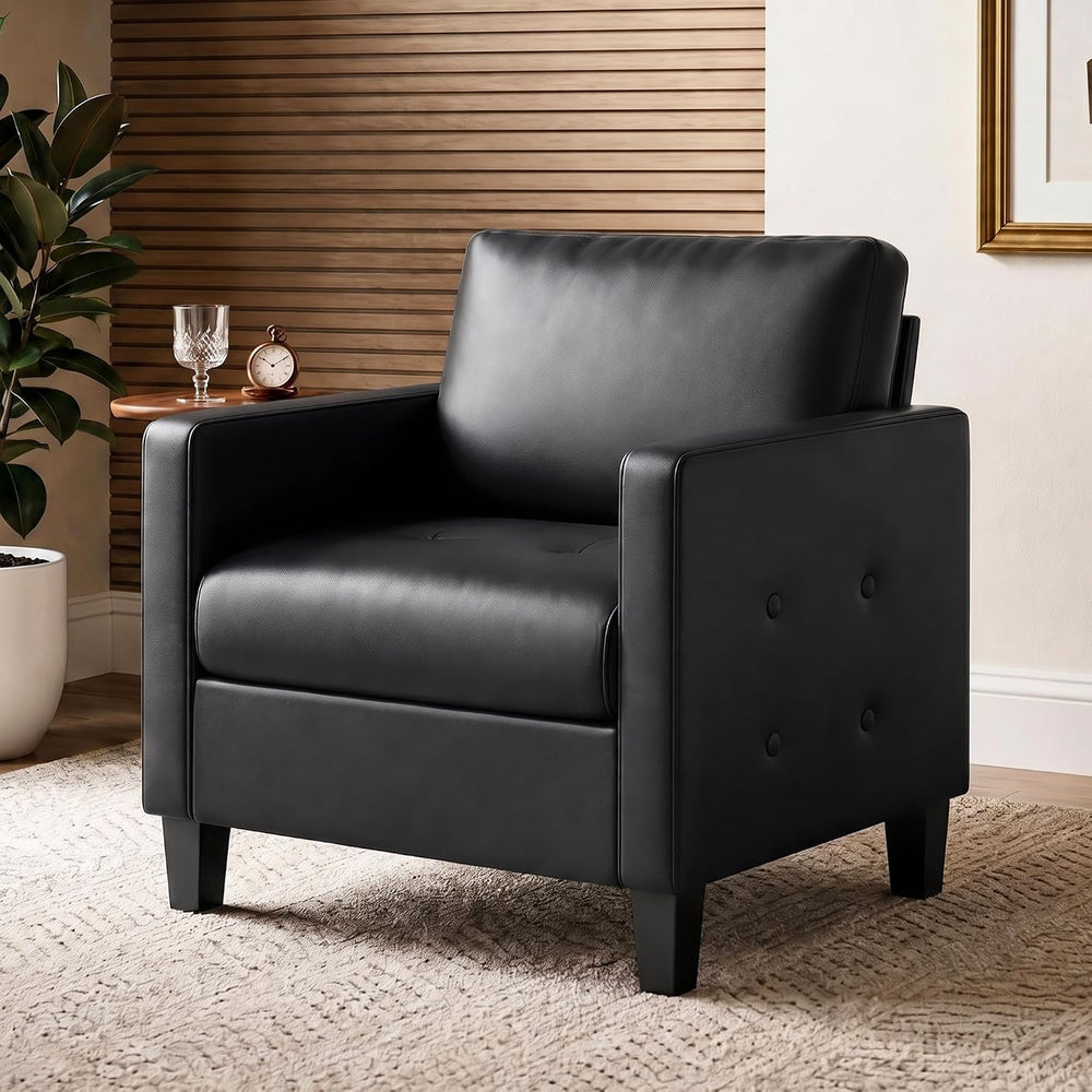 STHOUYN Black Comfy Accent Chair, Faux Leather Living Room Chair