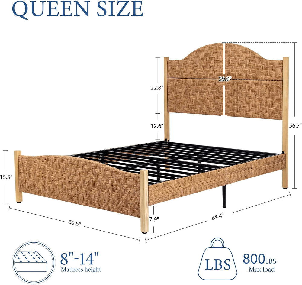 Yechen Queen Size Bed Frame with 56.7" Tall Headboard, Handwoven PE Rattan