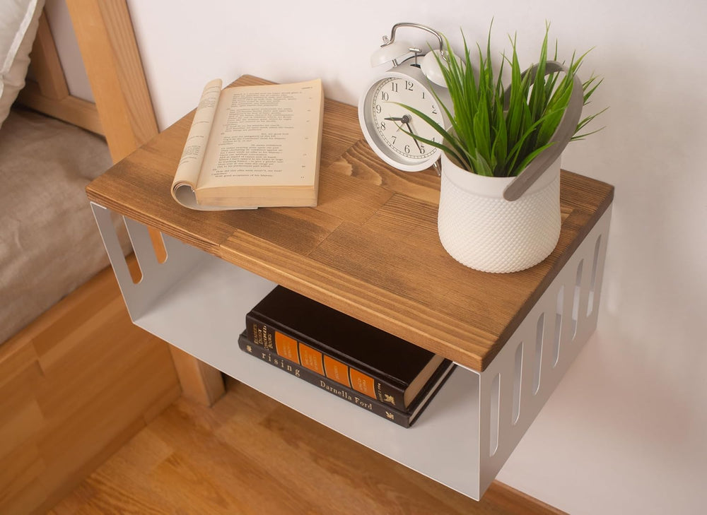 Floating Nightstand with White Metal Base, Wooden Top and Sturdy Metal Base, ...