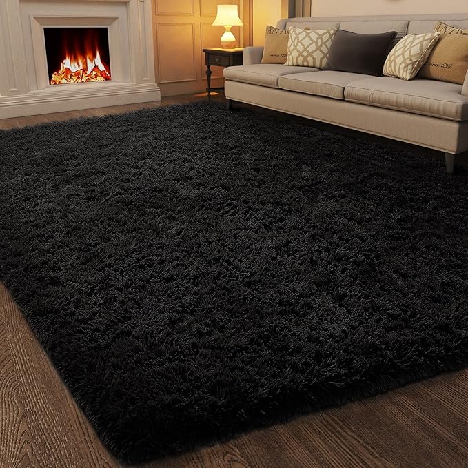 Ophanie 7x10 Black Area Rugs for Living Room, Large Shag Bedroom Carpet by Ophanie