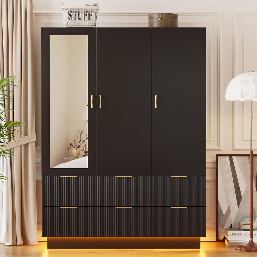 PAKASEPT Armoire Wardrobe Closet with 3 Door, Mirror, LED Lights