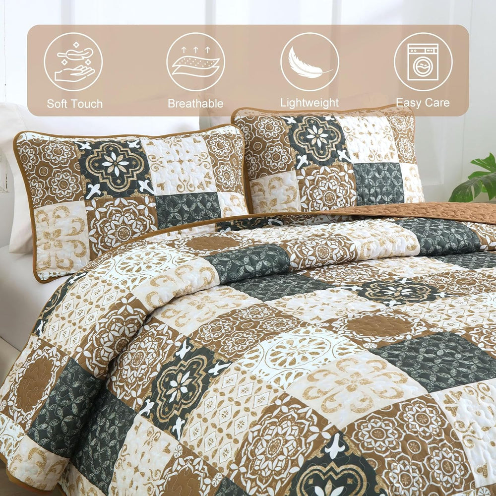 Patchwork Quilt Set King Size, Boho Farmhouse Bedspread Brown