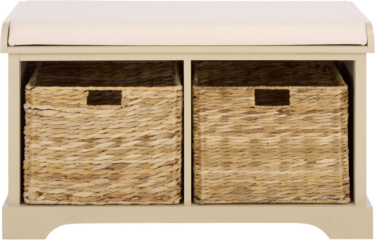 SAFAVIEH Furniture - Freddy 2-Basket Storage Bench - Sand - Solid Wood - Coastal Basket Storage Design - Ideal for Entryway, Living Room, Hallway, 18" Seat Height - Fully Assembled (AMH5736J)