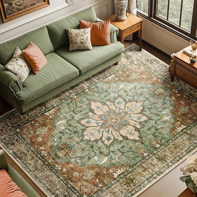 Area Rugs 8'x10' Washable Non-Slip, Floral Vintage Distress Print Pattern by RELEANY