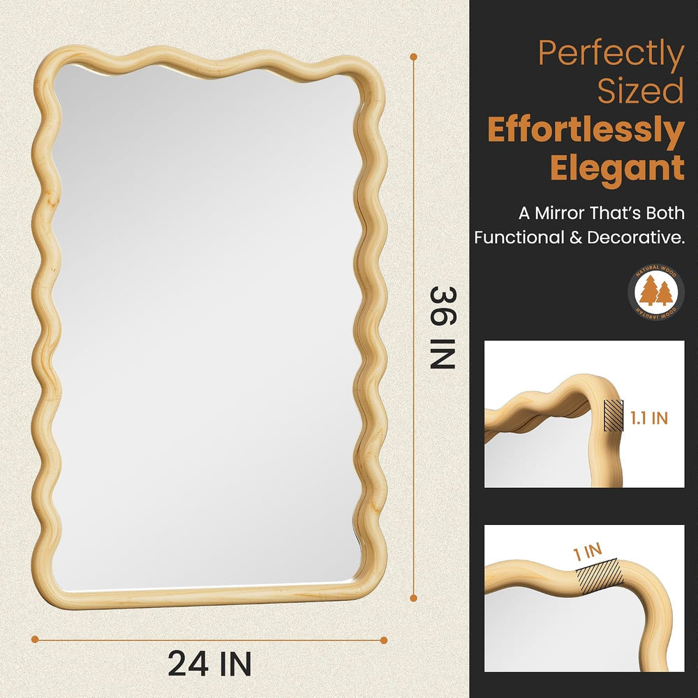 Wavy Wood Bathroom Vanity Mirror, 24"x36" Boho Decorative Wall Mirror