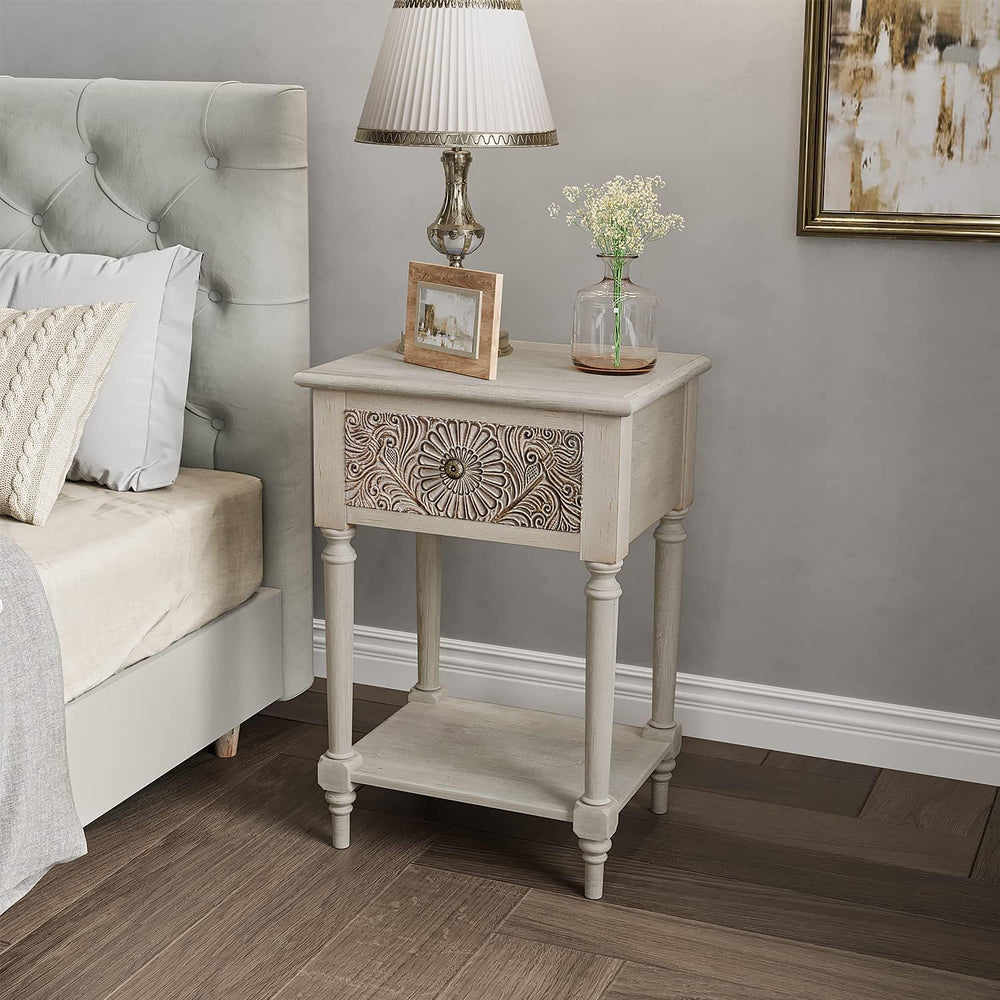 COSIEST Vintage Nightstand, MDF 2-Tier Bedside Table, Wood Accent End Table w...