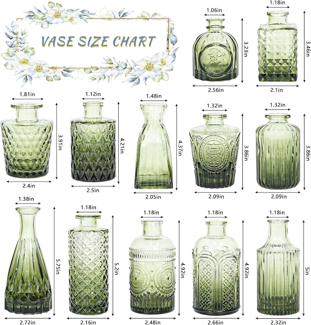 SUPMIND 12pcs Glass Bud Vase Set, Green Small Flower Vases for Centerpieces