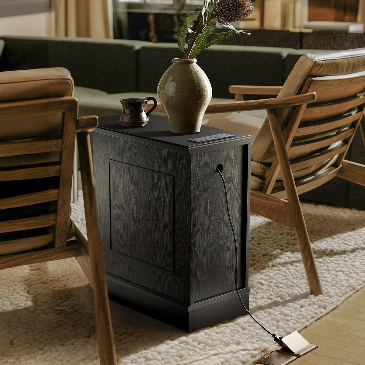 Nightstand with Charging Station, Vintage Wood End Table with 3 Drawer, Victoria Narrow Side Table, Slim Bedside Tables for Bedroom, Pre-Installation, Black