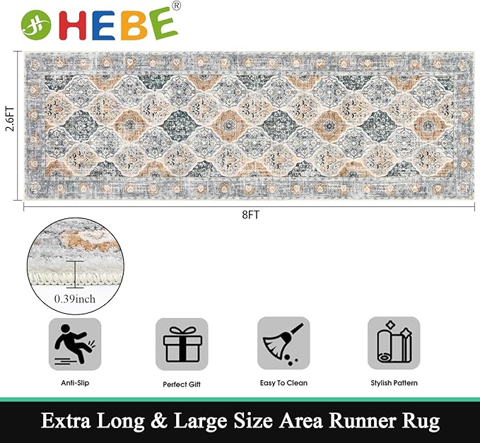 HEBE Hallway Runner Rug 2'8"x8' Washable Vintage Distressed Area Rugs Non Slip - Image 2