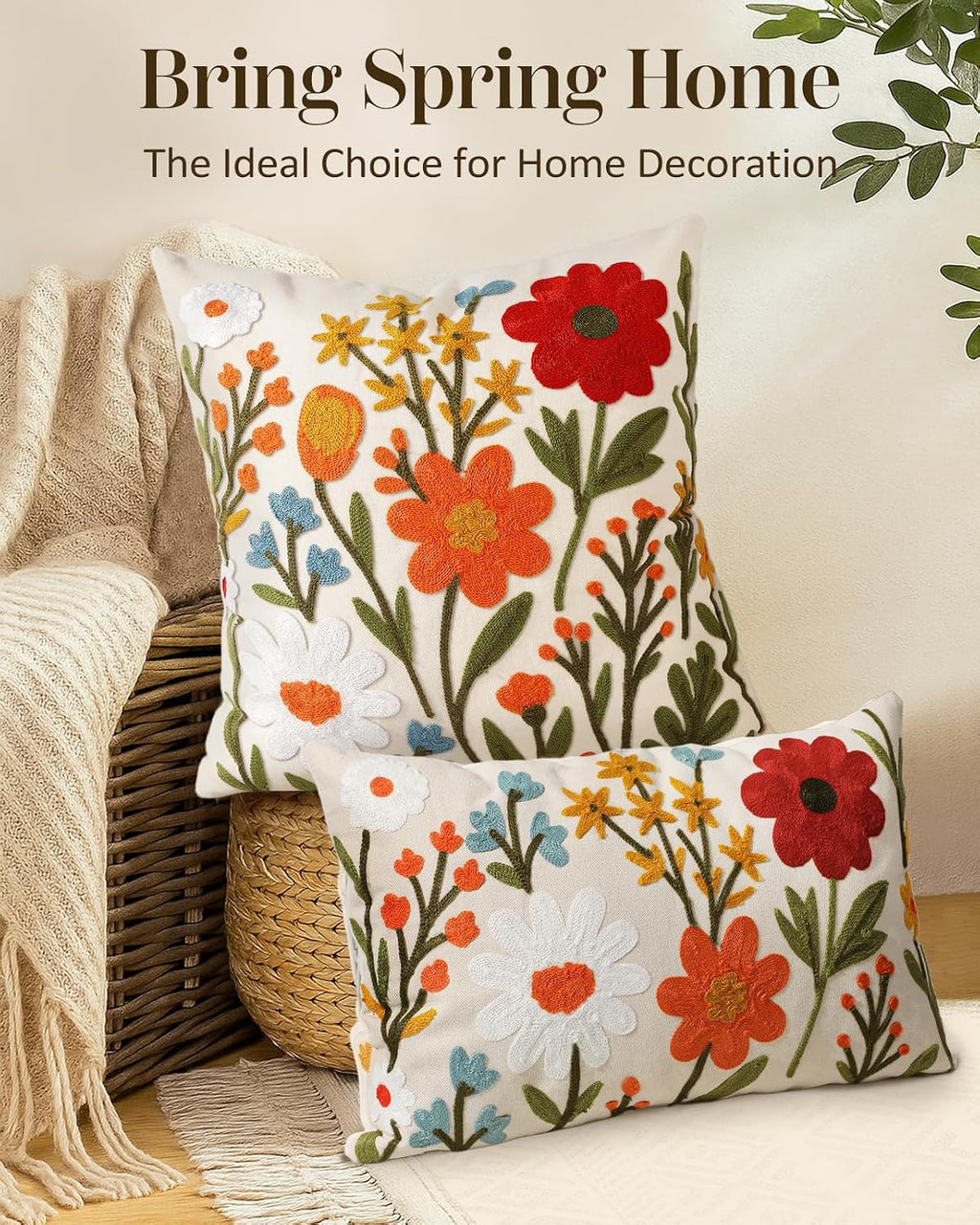 Embroidered Lumbar Pillow Cover 20x12 Inch, Flower Cluster | Decorative Throw Pillow Cover, Floral Farmhouse Cushion Case with Hidden Zipper, Home Decor for Couch, Sofa, Living Room