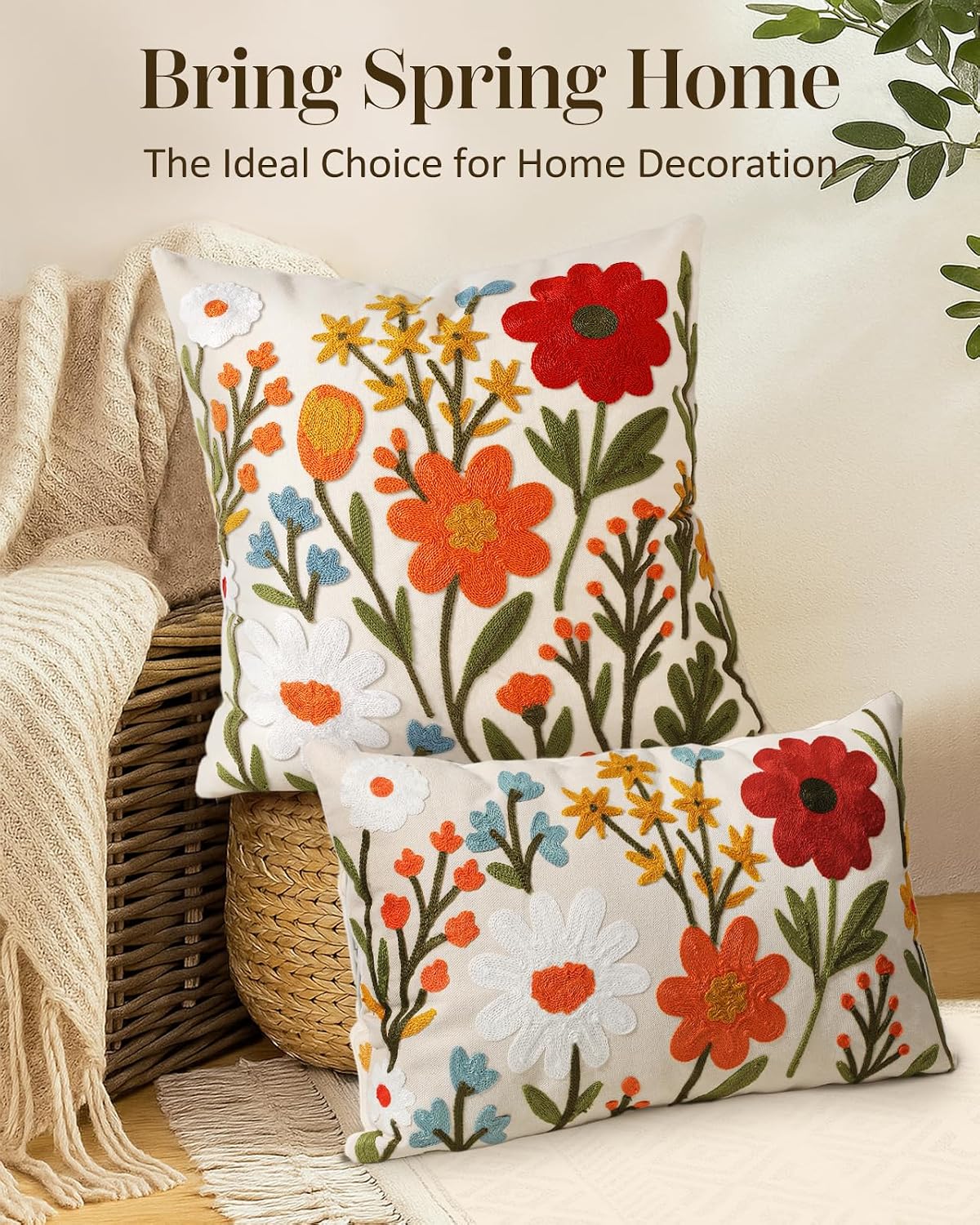 Embroidered Lumbar Pillow Cover 20x12 Inch, Flower Cluster | Decorative Throw Pillow Cover, Floral Farmhouse Cushion Case with Hidden Zipper, Home Decor for Couch, Sofa, Living Room