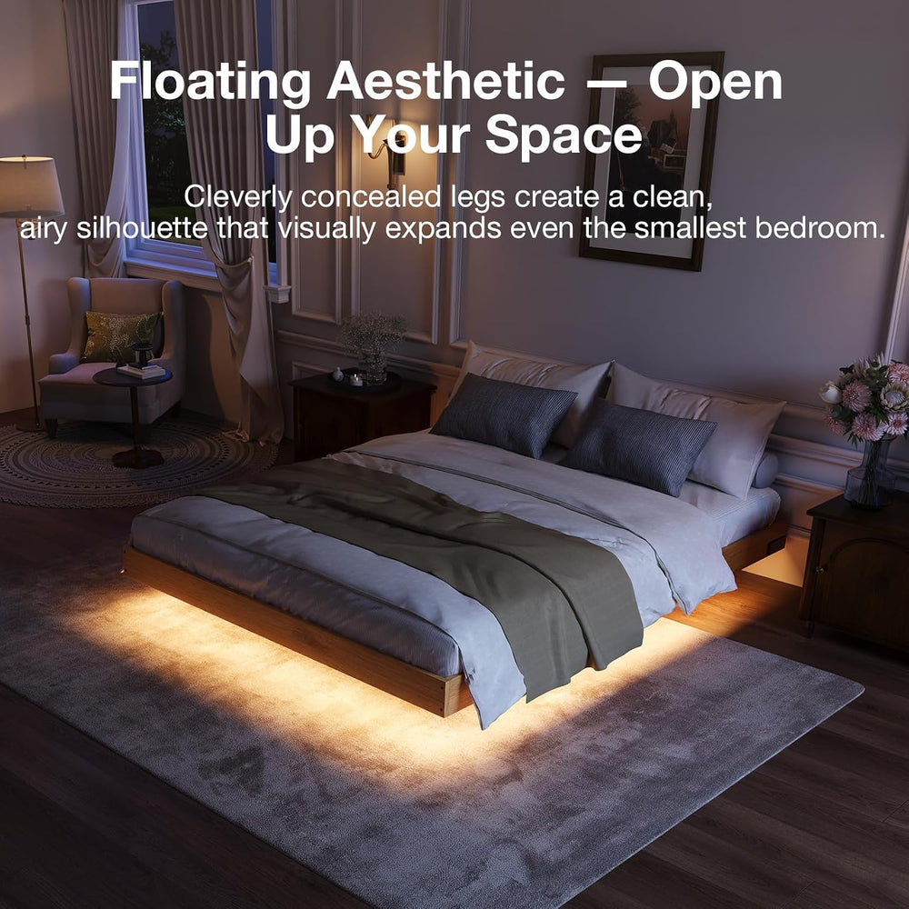 Novilla Floating Solid Wood Queen Bed Frame with Motion Sensor LED Light &amp...