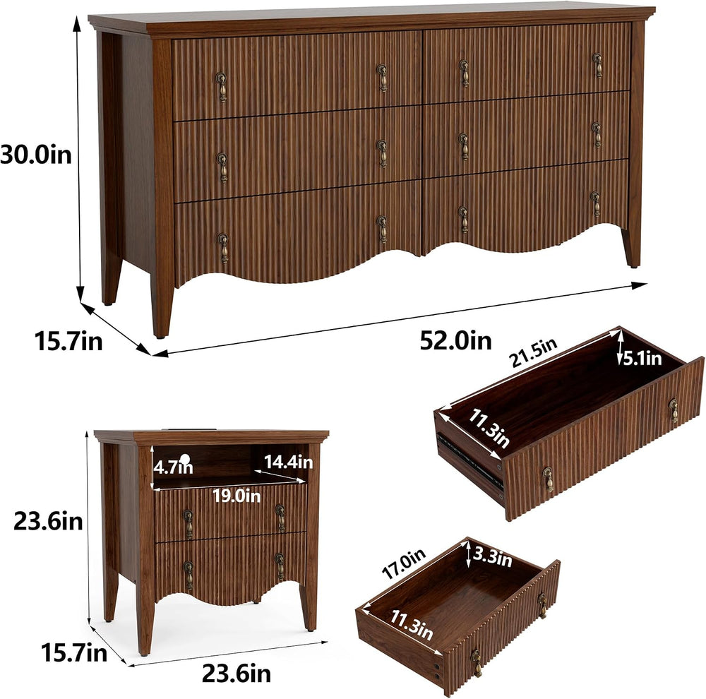 senlin 3-Piece Farmhouse Bedroom Set,6-Drawer Dresser,2 Nightstands,Walnut