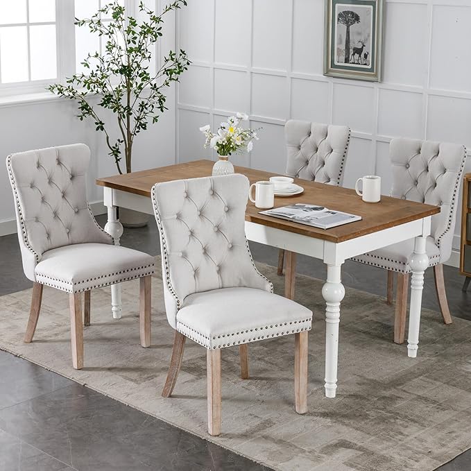 Modern Dining Chairs Set of 6, Tufted Upholstered Dining Chairs with Solid Wo...