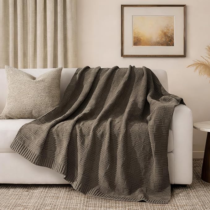EVERGRACEHOME Modern Checkered Chenille Throw Blanket, Soft Cozy Plaid Knitted by EVERGRACEHOME
