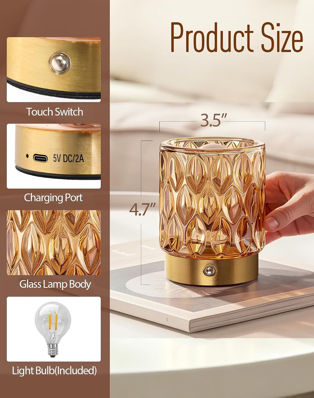 Cordless Mini Crystal Rechargeable Table Lamp No Plug with Touch Control