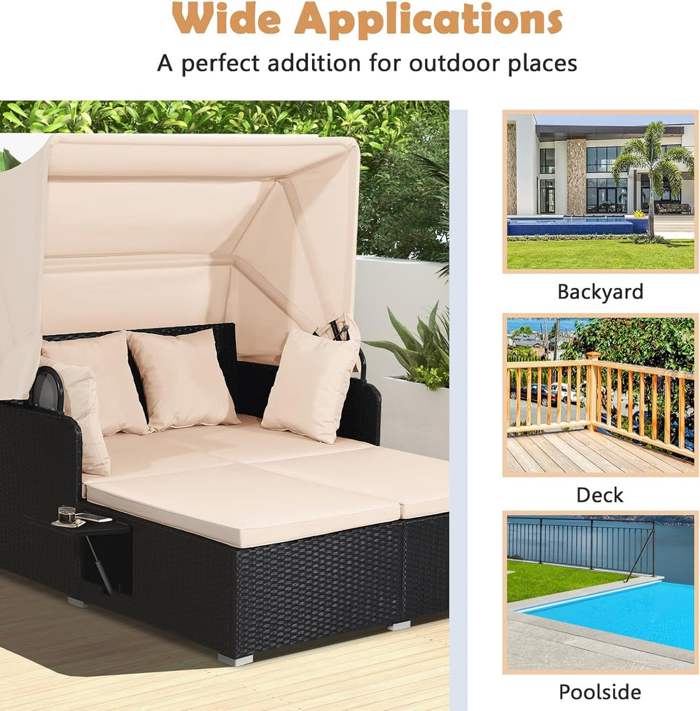 Tangkula Patio Rattan Daybed with Retractable Canopy, Outdoor Wicker Sunbed L...