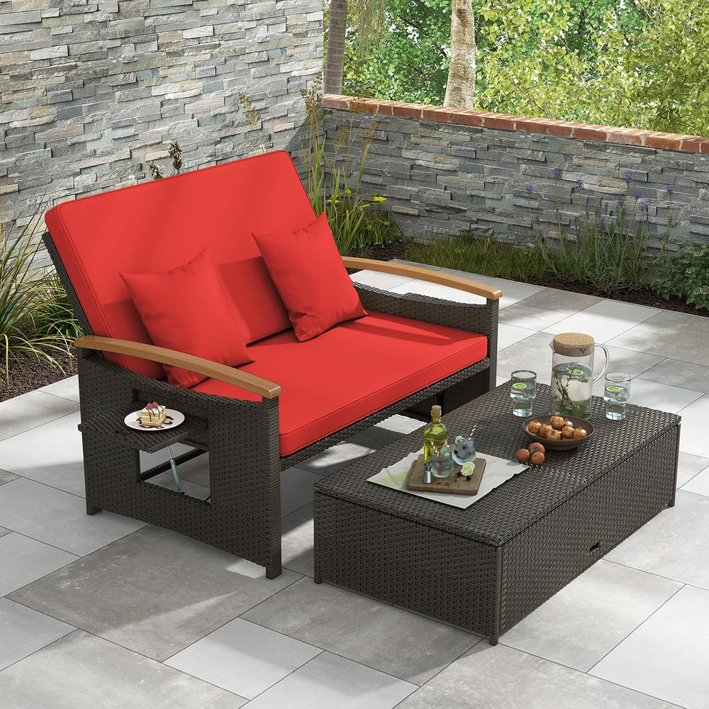 COSTWAY Patio Rattan Daybed, Outdoor Loveseat Sofa with Storage Ottoman
