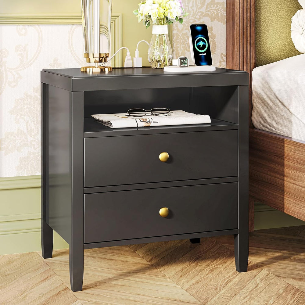 Huuger Nightstand with Charging Station, Black Nightstand with 2 Drawers, Bed...