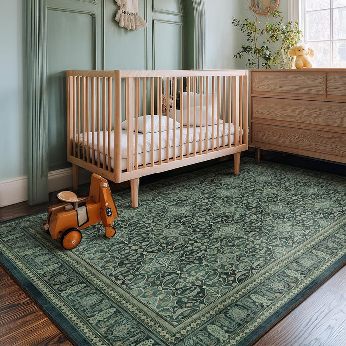 Dark Green 6x9 Area Rugs Washable, Vintage Boho Floral Moroccan Pattern Printed Carpet Rug for Living Room Bedroom, Low Pile Thin Room Rug with Rubber Backing Non Slip for Dining Room Office