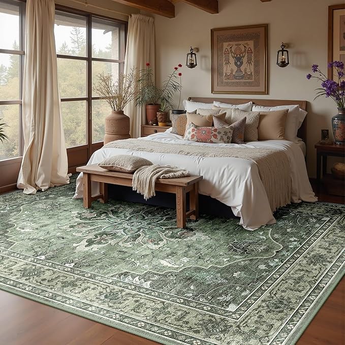 Area Rugs 9'x12' Washable Non-Slip, Floral Vintage Distress Print Pattern - Image 3