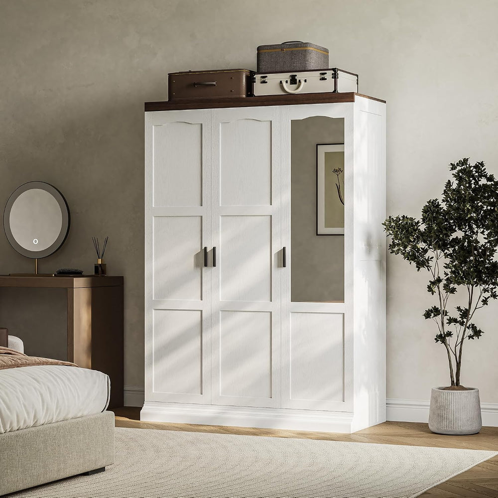 ANCTOR 3-Door Armoire Wardrobe Closet with Mirror and 2 Hanging Rods