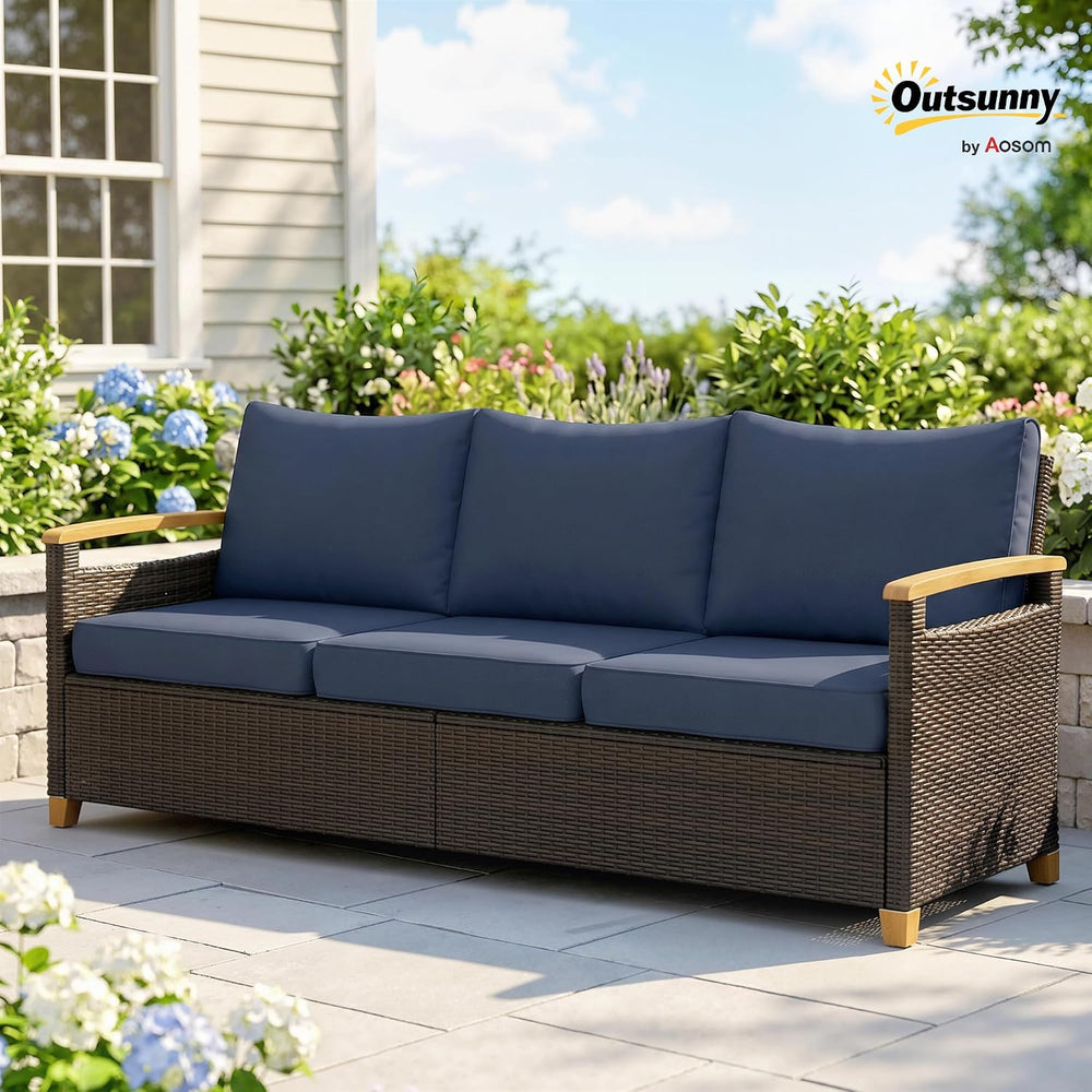 Outsunny 3 Seater Outdoor Couch Sofa PE Wicker 4" Foam Cushions Dark Blue