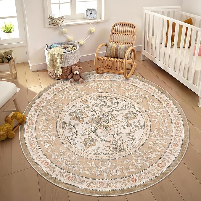GarveeHome Pinkish Brown Botanical Grove 5ft Round Rug, Small Circle Vintage - Image 2