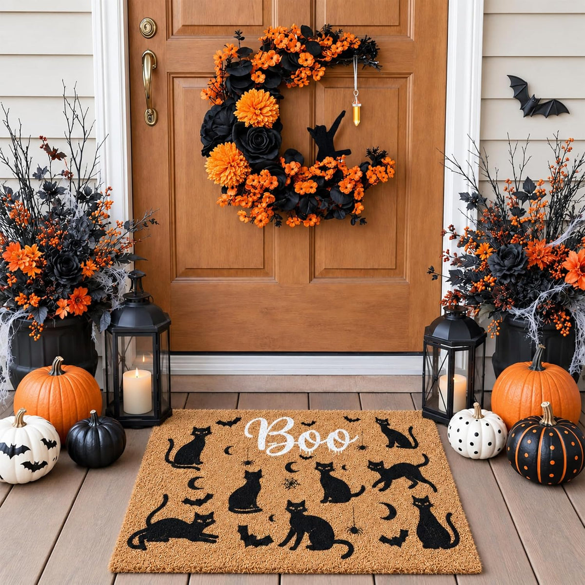 Thiccywoov 2 Pcs Halloween Black Cat Doormat and Wreath Sets for Front Door