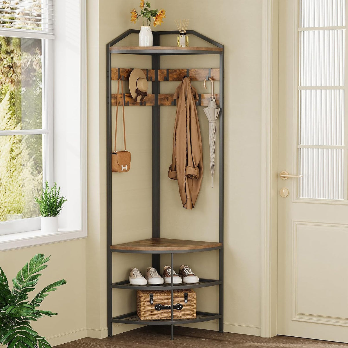 GiftGo Corner Hall Tree with Shoe Bench Entryway Coat Rack with 10 Metal Movable Hooks Floor Standing Clothes Rack Shoes Shelf Organizer for Home Office Bedroom (Rustic Brown)