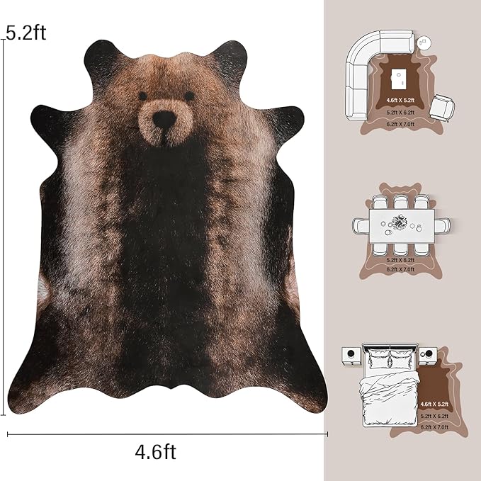 AROGAN Premium Bear Print Rug 4.6x5.2 Feet, Machine Washable Faux Fur Rug - Image 2