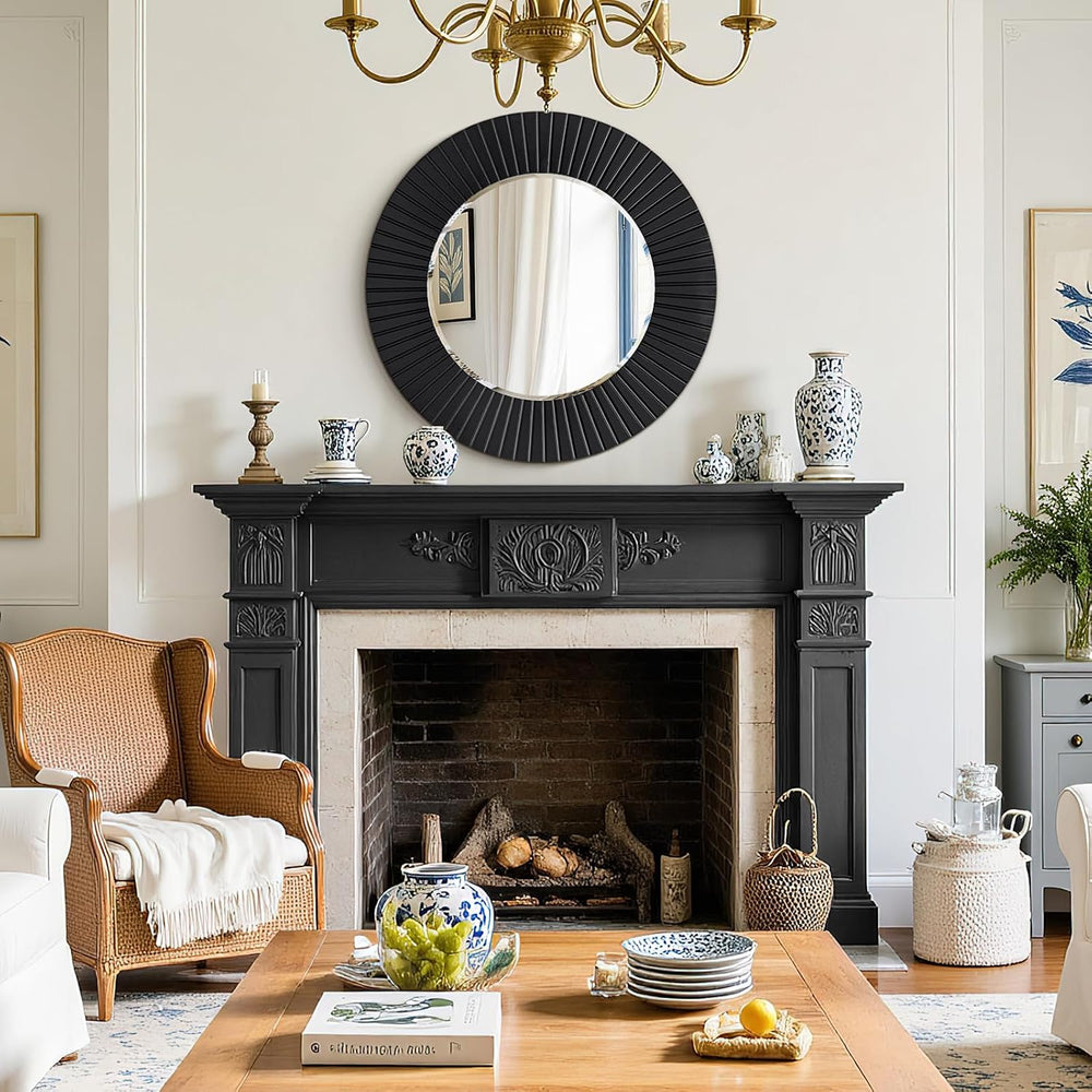 Chende 30'' Black Round Wall Mirror for Bathroom with Fluted Wood Frame