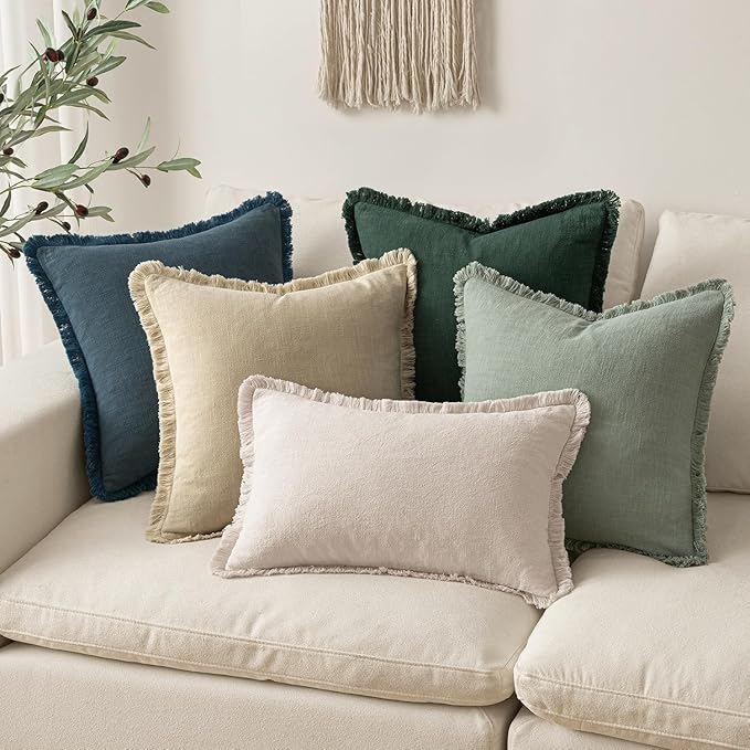 MIULEE Decorative Throw Pillow Covers Neutral Linen Fringe Throw Pillows Euro - Image 5