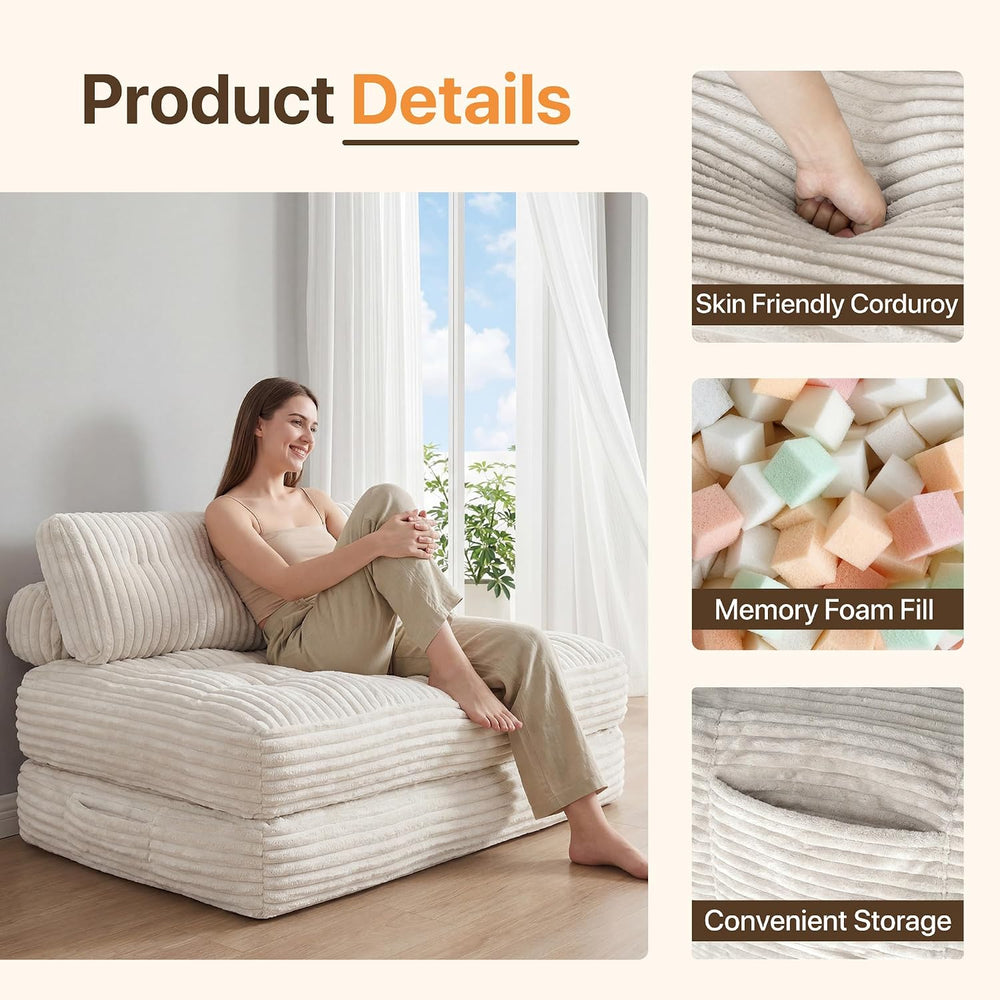 Claiks Boneless Chair Folding Sofa Bed, Sleeper Chair, Beige, Double