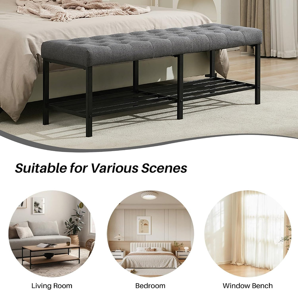 SOFTHION 55.5" End of Bed Bench, Linen Entryway Bench, Grey