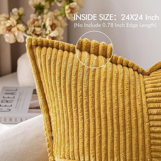 MIULEE Mustard Yellow Corduroy Decorative Euro Sham Pillow Covers 24x24 Inch - Image 2