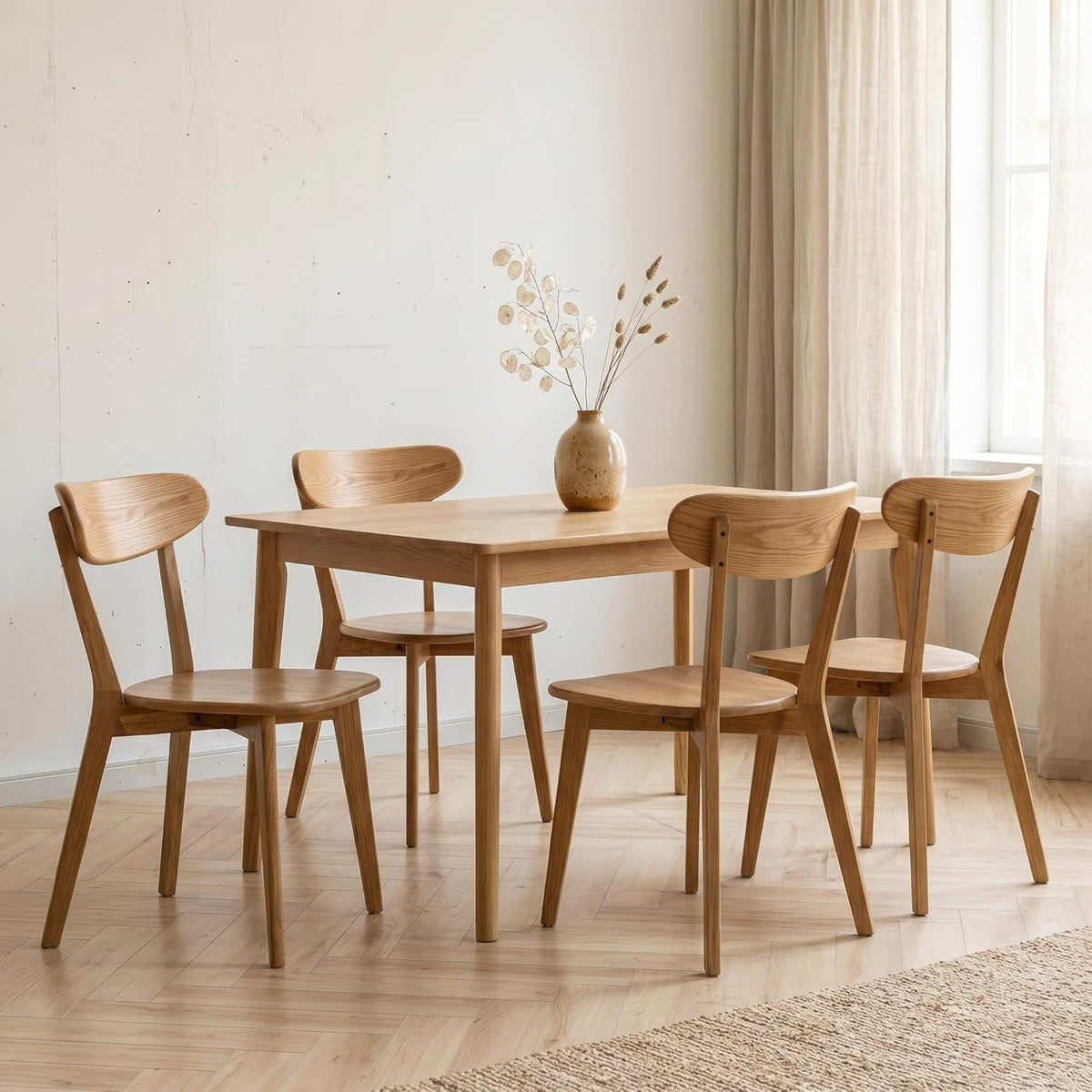 100% Solid Oak Dining Chairs Set of 4, Mid-Century Modern Dining Room Chairs, Wooden Kitchen Chairs with Curved Backrest, Natural Finish, Sillas de Comedor (4 Chairs)