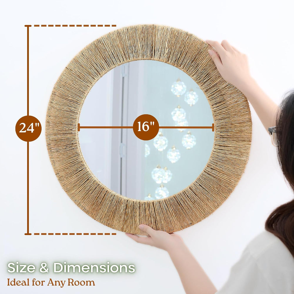 Chi An Home 24 inch Natural Jute Round Wall Mirror, Boho Decor Wall Mirror