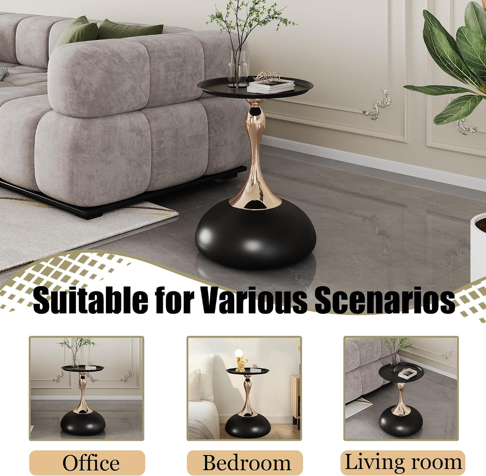 Round Side Table, Small Black End Table with Metal Pedestal, Modern Martini T...