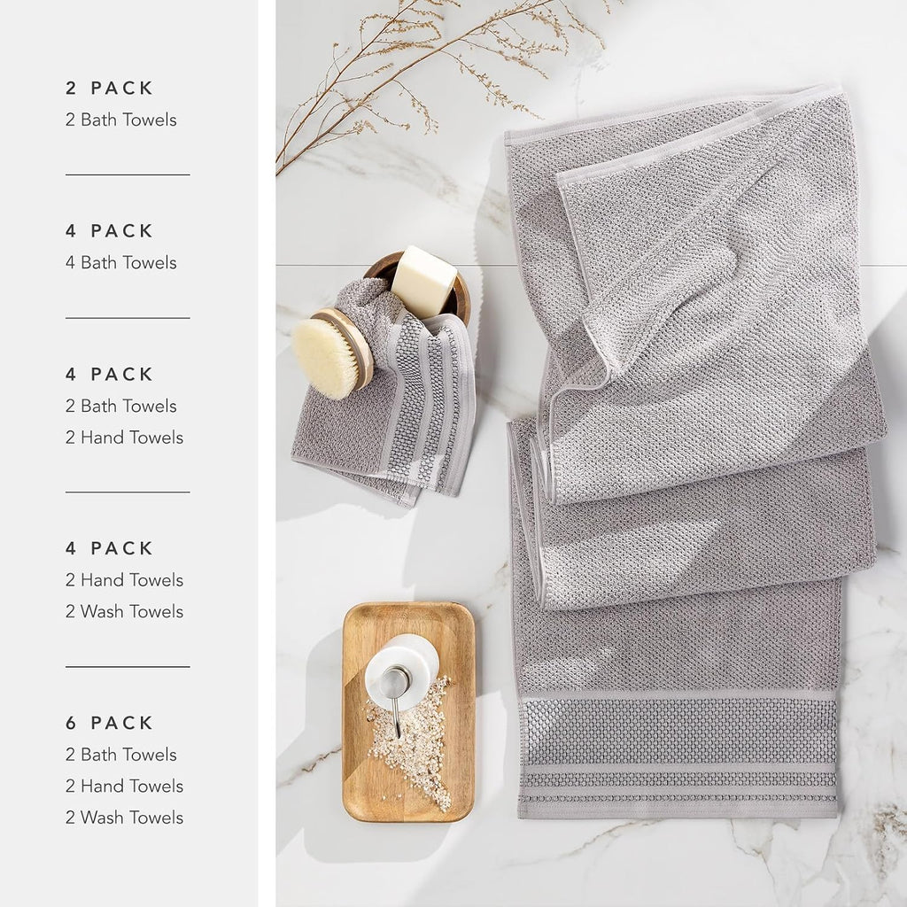 Texere 100% Organic Cotton Rice Weave Jacquard 700 GSM Luxury Bath Towel Set - 2 Large Bath Towels, 2 Hand Towels, 2 Washcloths (Rice Weave, Cream w/Blk, 6 Piece)