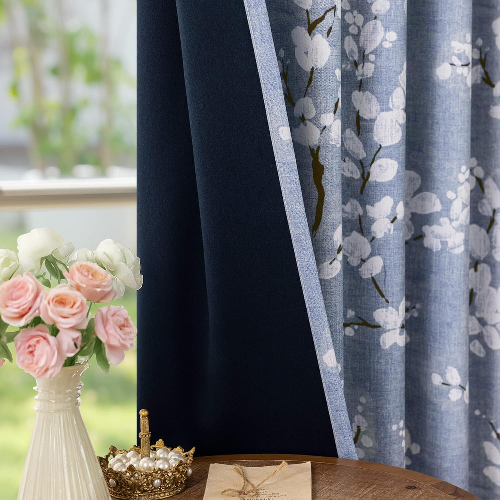 FMFUNCTEX Blue Blackout Floral Curtains for Bedroom, 63 Inches, 2 Panels