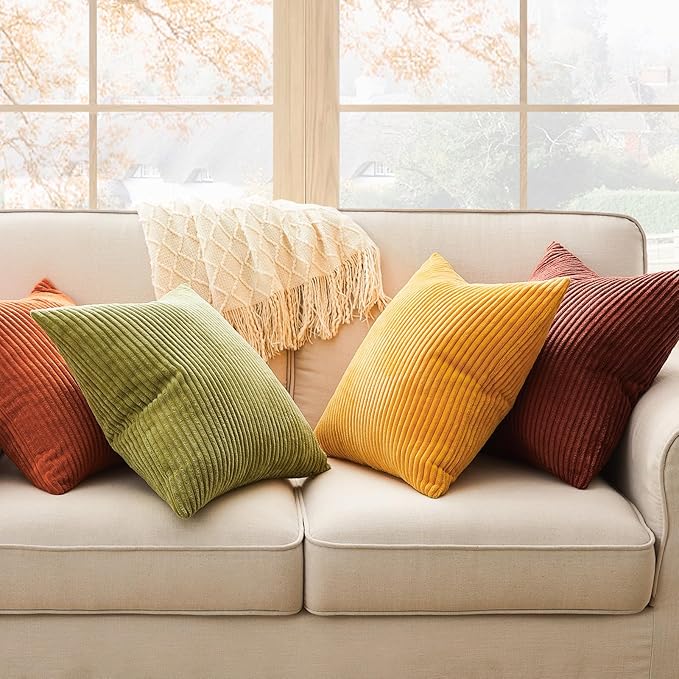 Topfinel Fall Burnt Orange Throw Pillow Covers 16x16 Set of 4, Corduroy Striped - Image 2