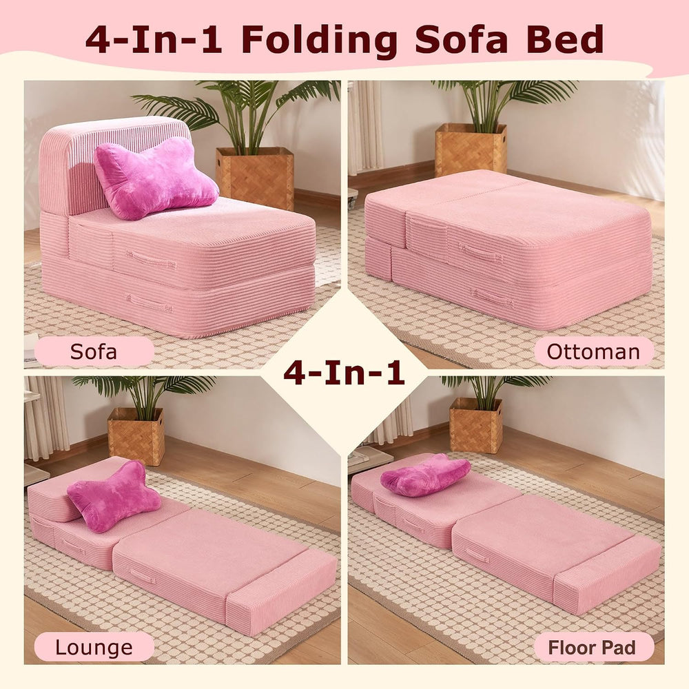 Folding Convertible Sofa Bed, Sleeper Chair for Guest, Single, Pink